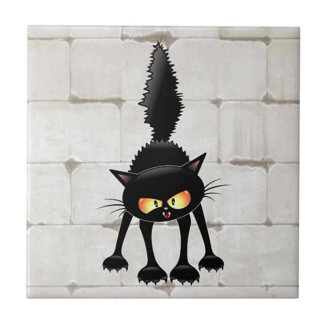 Funny Fierce Black Cat Cartoon  Tile (Front)