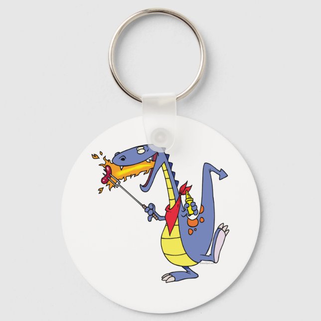 funny fire cooking hot dogs dragon cartoon keychain (Front)