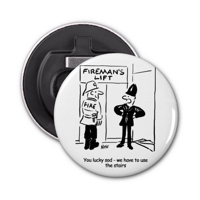 Funny Fireman Firefighter and Policeman Cartoon Bottle Opener (Front)