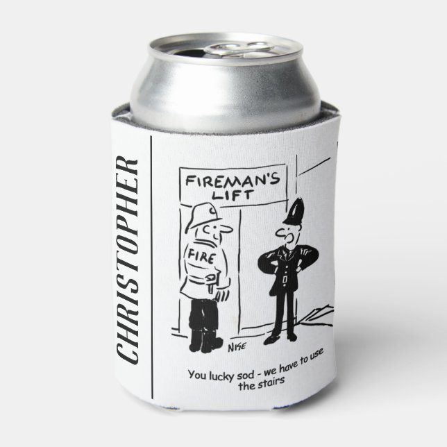 Funny Fireman Firefighter and Policeman Cartoon Can Cooler (Can Front)