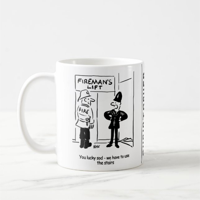 Funny Fireman Firefighter and Policeman Cartoon Coffee Mug (Left)