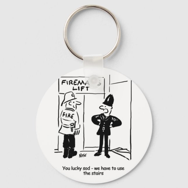 Funny Fireman Firefighter and Policeman Cartoon Keychain (Front)
