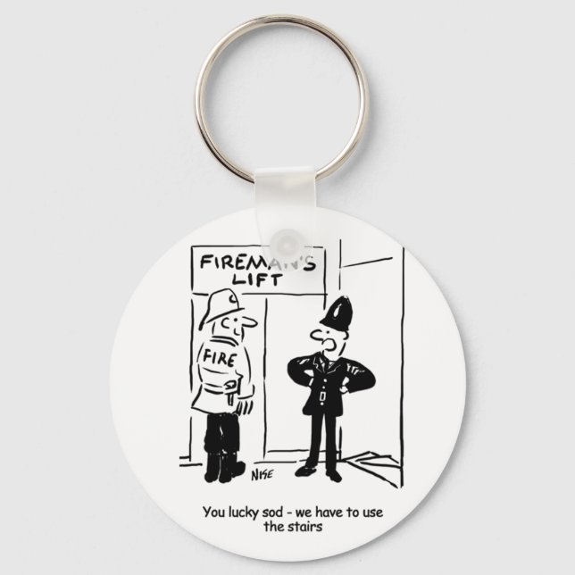 Funny Fireman Firefighter and Policeman Cartoon Keychain (Front)
