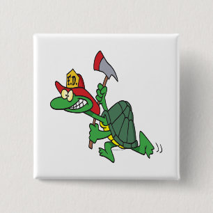 funny fireman firefighter turtle cartoon 2 inch square button