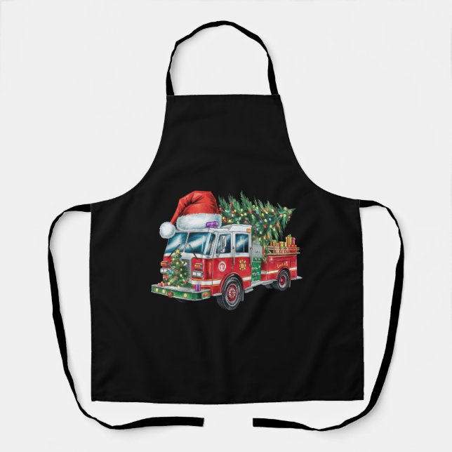 Funny Firetruck Santa Hat Christmas Tree Lights  Apron (Front)