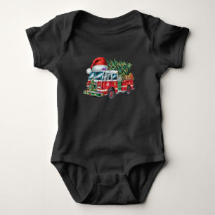 Funny Firetruck Santa Hat Christmas Tree Lights Baby Bodysuit