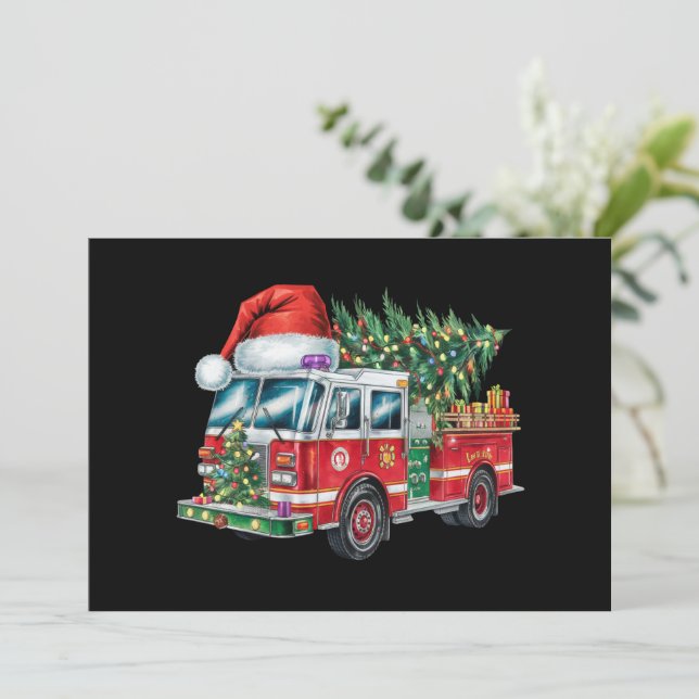Funny Firetruck Santa Hat Christmas Tree Lights  Holiday Card (Standing Front)