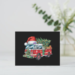 Funny Firetruck Santa Hat Christmas Tree Lights Holiday Postcard