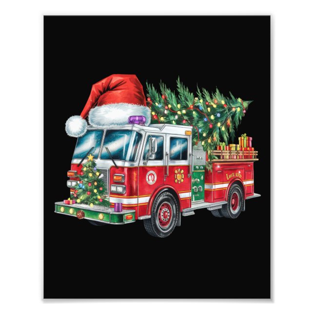 Funny Firetruck Santa Hat Christmas Tree Lights  Photo Print (Front)