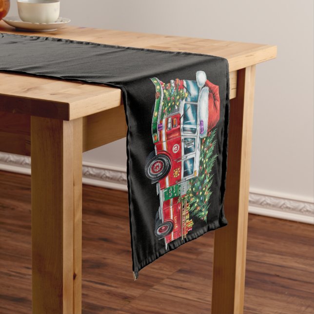 Funny Firetruck Santa Hat Christmas Tree Lights  Short Table Runner (In Situ)