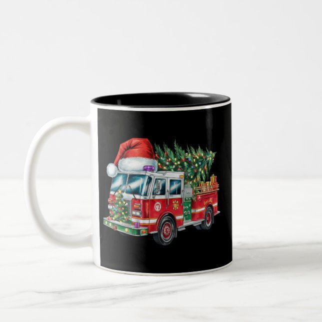 Funny Firetruck Santa Hat Christmas Tree Lights  Two-Tone Coffee Mug (Left)