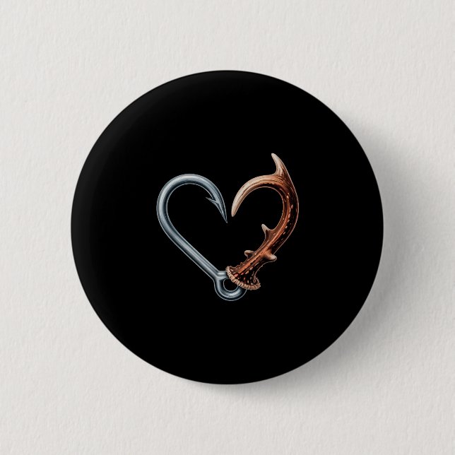 Funny fisching hook antler heart for hunting 2 inch round button (Front)