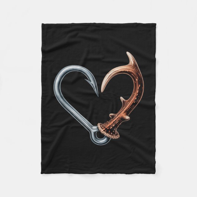 Funny fisching hook antler heart for hunting fleece blanket (Front)