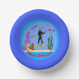 Funny fish and scuba diver cartoon paper plate