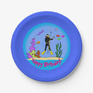 Funny fish and scuba diver cartoon paper plate