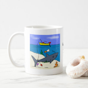 Funny fish and shark fishing cartoon mug