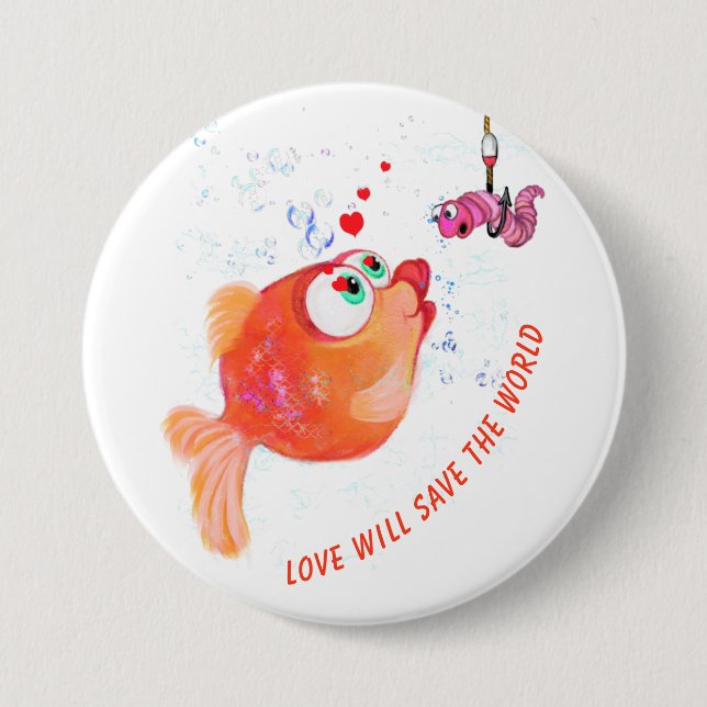 Funny Fish and Worm Love Romantic Cartoon Drawing  3 Inch Round Button (Front)
