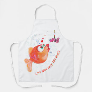 Funny Fish and Worm Love Romantic Cartoon Drawing  Apron