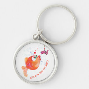 Funny Fish and Worm Love Romantic Cartoon Drawing  Keychain