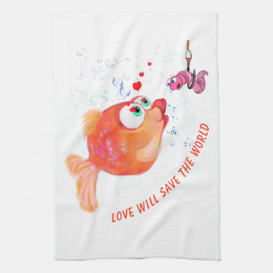 Funny Fish and Worm Love Romantic Cartoon Drawing  Kitchen Towel