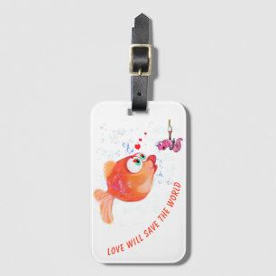 Funny Fish and Worm Love Romantic Cartoon Drawing Luggage Tag