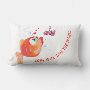 Funny Fish and Worm Love Romantic Cartoon Drawing Lumbar Pillow