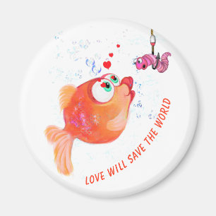 Funny Fish and Worm Love Romantic Cartoon Drawing  Magnet