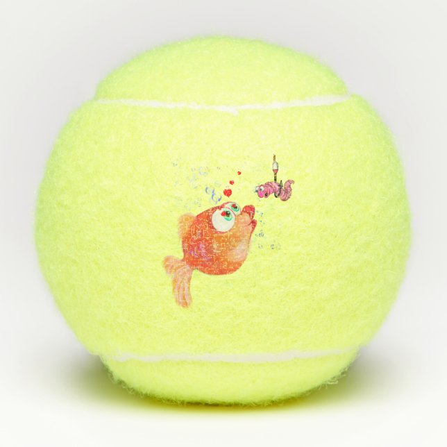 Funny Fish and Worm Love Romantic Cartoon Drawing  Tennis Balls (Front)