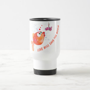 Funny Fish and Worm Love Romantic Fun Drawing Travel Mug