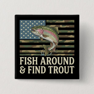 funny Fish Around and Find Trout American Flag mmm 2 Inch Square Button