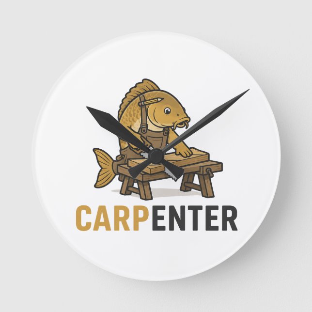 Funny Fish Carpenter Animal Pun Round Clock (Front)