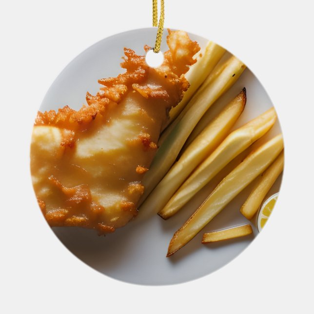 Funny Fish Pun Christmas | Fish and Chips Ceramic Ornament (Front)