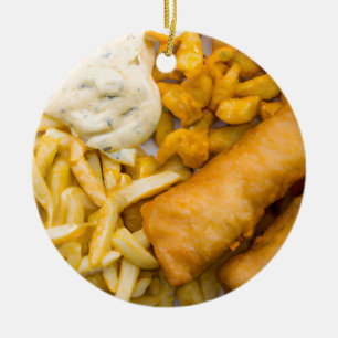 Funny Fish Pun Christmas Fish and Chips Ceramic Ornament