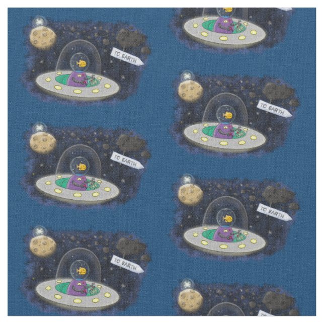 Funny fish UFO space ship cartoon illustration Fabric (Close Up)