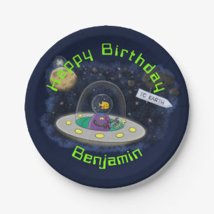 Funny fish UFO space ship cartoon illustration Paper Plate