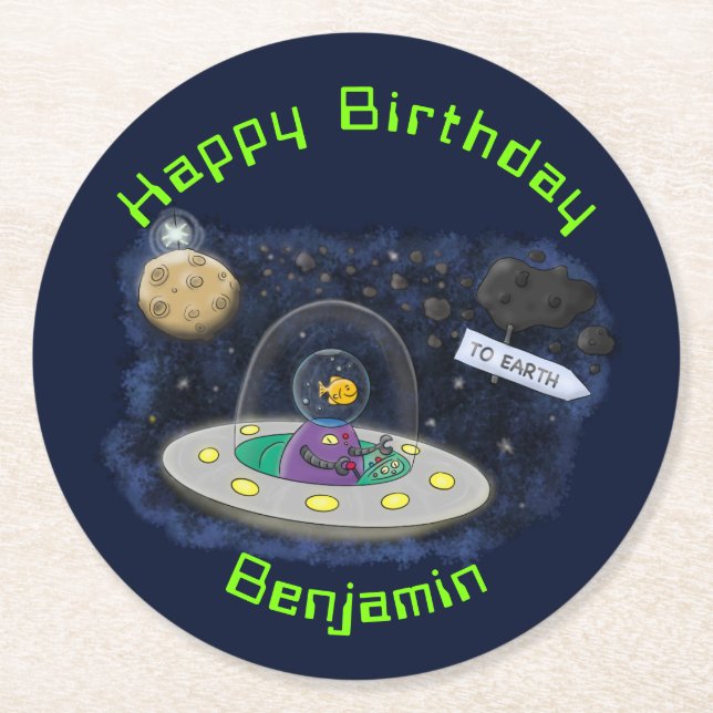 Funny fish UFO space ship cartoon illustration Round Paper Coaster (Front)