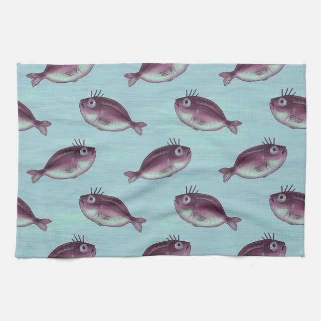 Funny Fish With Fancy Eyelashes Pattern Kitchen Towel (Horizontal)