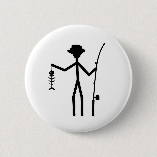 Funny Fisherman Stick Figure Holding Fish Bones 2 Inch Round Button (Front)