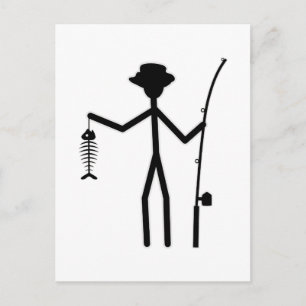 Funny Fisherman Stick Figure Holding Fish Bones Postcard