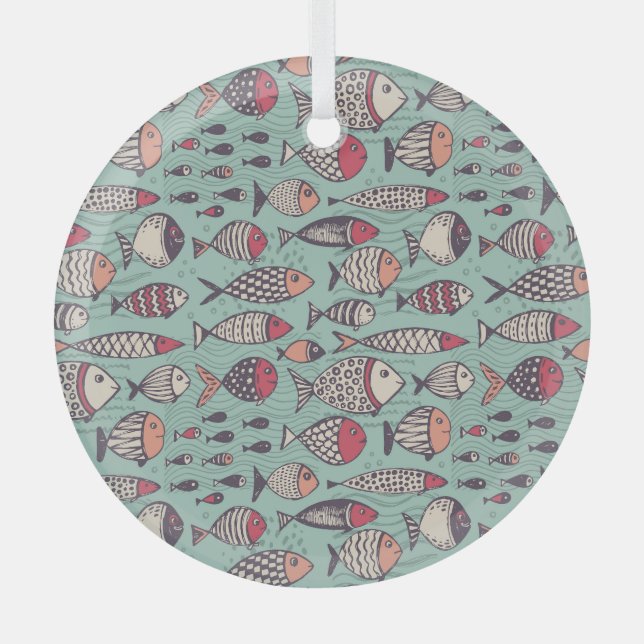 Funny fishes: hand-drawn seamless pattern. glass ornament (Front)
