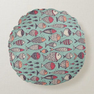 Funny fishes: hand-drawn seamless pattern. round pillow