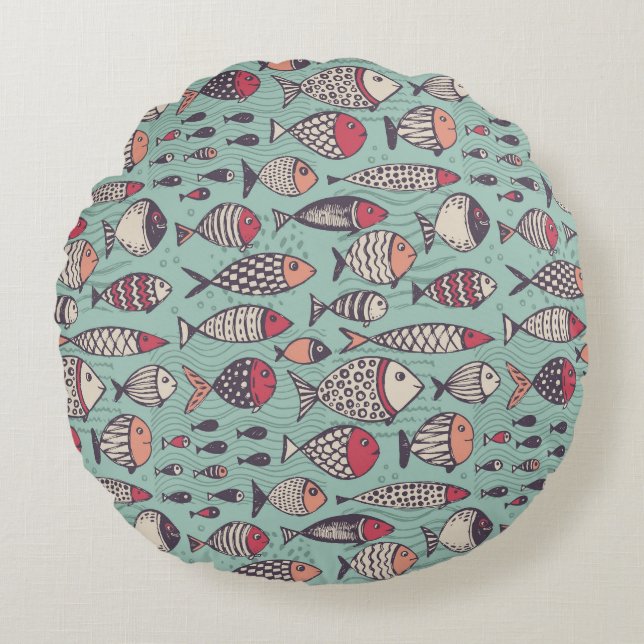 Funny fishes: hand-drawn seamless pattern. round pillow (Front)