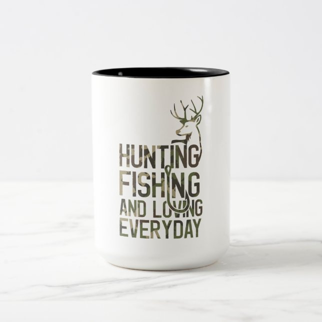 Funny Fishing And Hunting Camo Hunter Fisherman Two-Tone Coffee Mug (Center)