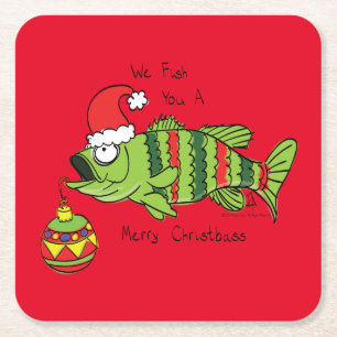 Funny Fishing Christmas Bass Fish Cute Cartoon Square Paper Coaster