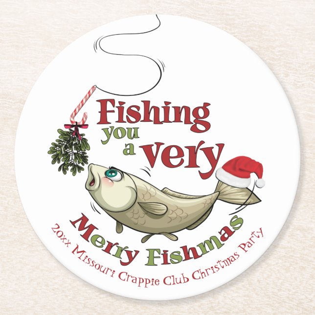 Funny Fishing Christmas - Merry Fishmas Mistletoe Round Paper Coaster (Front)