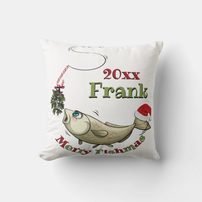 Funny Fishing Christmas - Merry Fishmas Mistletoe Throw Pillow (Front)