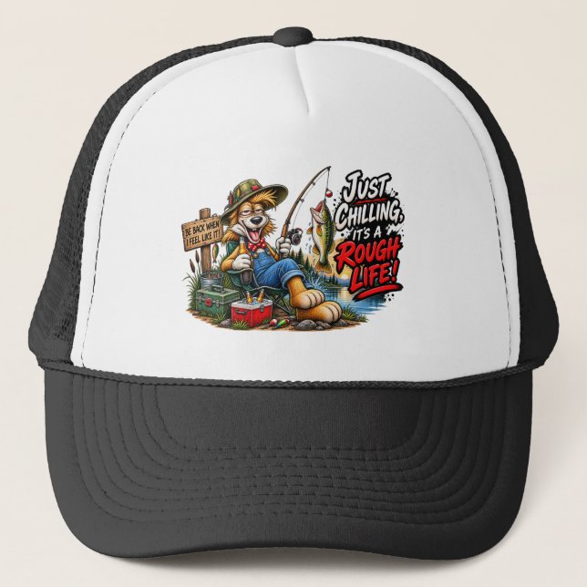 Funny Fishing Dog Rough Life T'shirt Trucker Hat (Front)