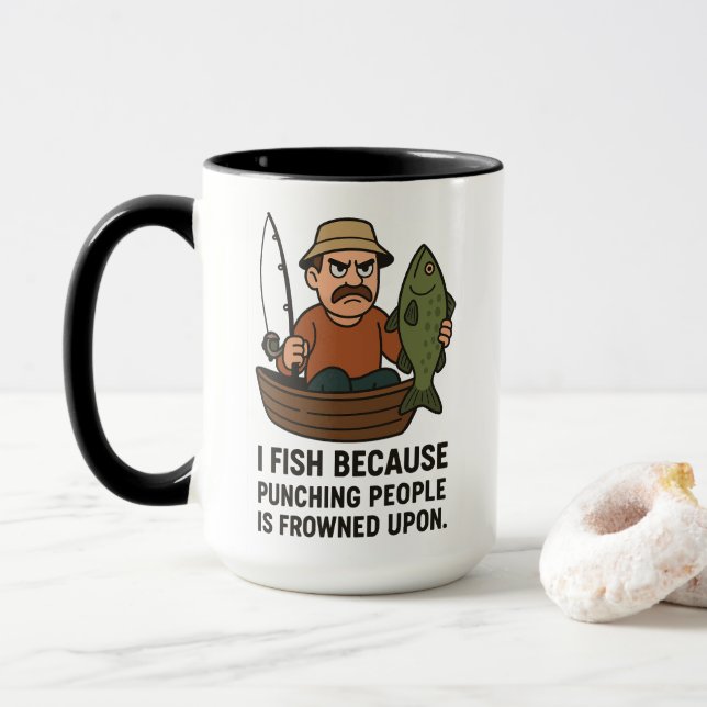 Funny Fishing Mug – Angry Fisherman Cartoon Gift (With Donut)