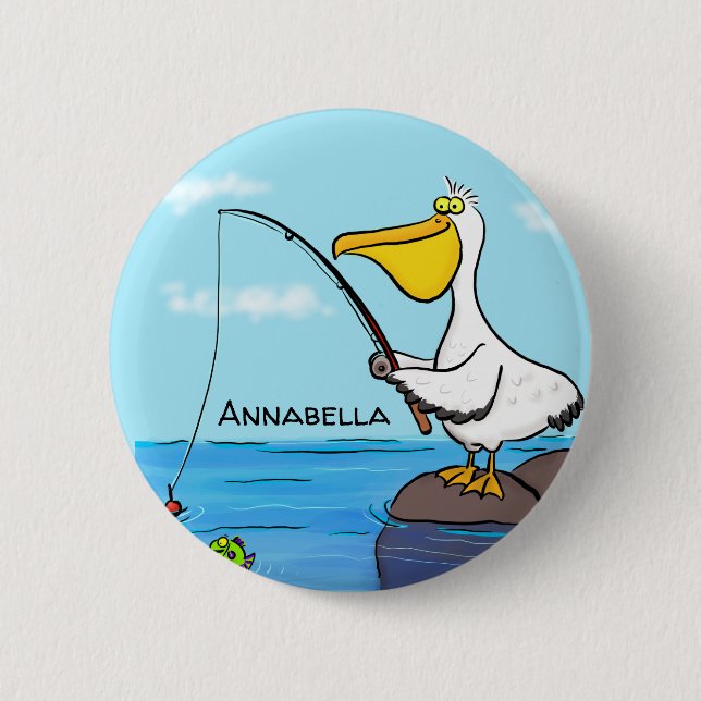 Funny fishing pelican cartoon 2 inch round button (Front)