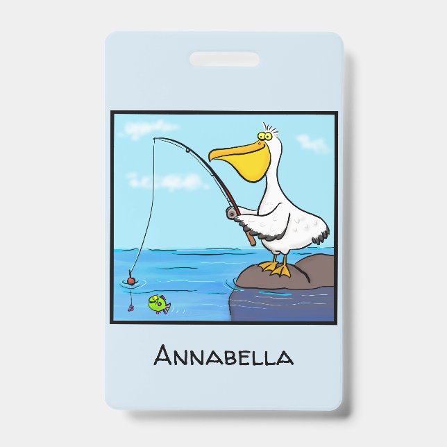 Funny fishing pelican cartoon badge (Front)